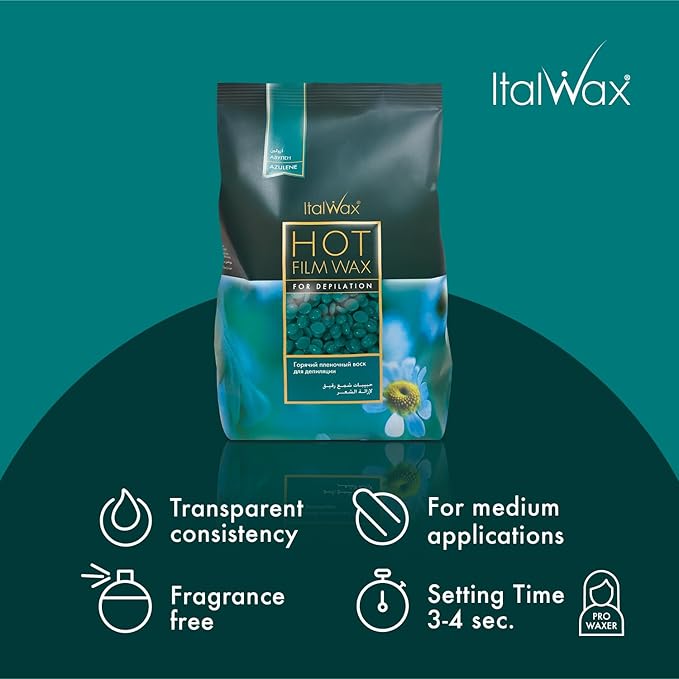 Italwax Azulene - 1kg / 2.2lb - Hard wax beads for hair removal - Natural formulation ideal for all skin type - Unscented - Recommended for Bikini Area and Armpits