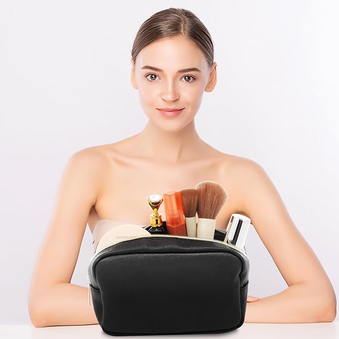 Sweetude 10 Pcs Preppy Makeup Bag Bulk Cosmetic Bag Bridesmaid Gift Wedding Day Bachelorette Party Favor Toiletry Pouch DIY PU Leather Skincare Pouch for Women(Black)