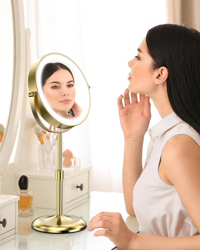 Benbilry Lighted Makeup Mirror with 3 Color Lights & 10X Magnification, Adjustable Brightness & Height, 7 Inch 360° Swivel Rechargeable 10X LED Magnifying Vanity Mirror with Light, Gold