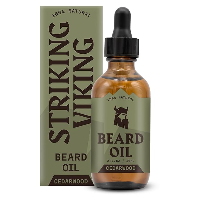 Striking Viking Beard Oil for Men - 2 Fl Oz, Cedarwood Scent - Naturally Derived Conditioner with Almond, Tea Tree, Argan & Jojoba Oil for Beard Growth, Softening & Moisturizing