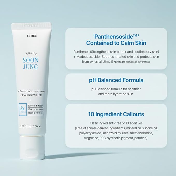 ETUDE SoonJung 2x Barrier Intensive Cream 60ml (21AD) | Hypoallergenic Shea Butter Hydrating Facial Cream for Sensitive Skin, Water-oil Balance & Panthenol for Damaged Skin | Korean Skin Care