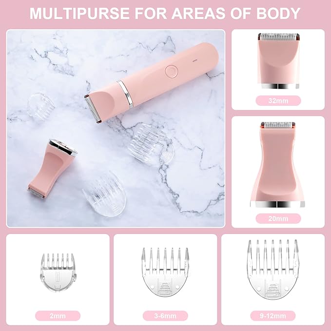AREYZIN Bikini Trimmer for Women,Electric Razors Shaver for Bikini Legs Pubic Hair,Rechargeable Ladies Bikini Hair Trimmer Removal with Snap-in Ceramic Blades IP7X Washable Head,Wet and Dry Use,Pink