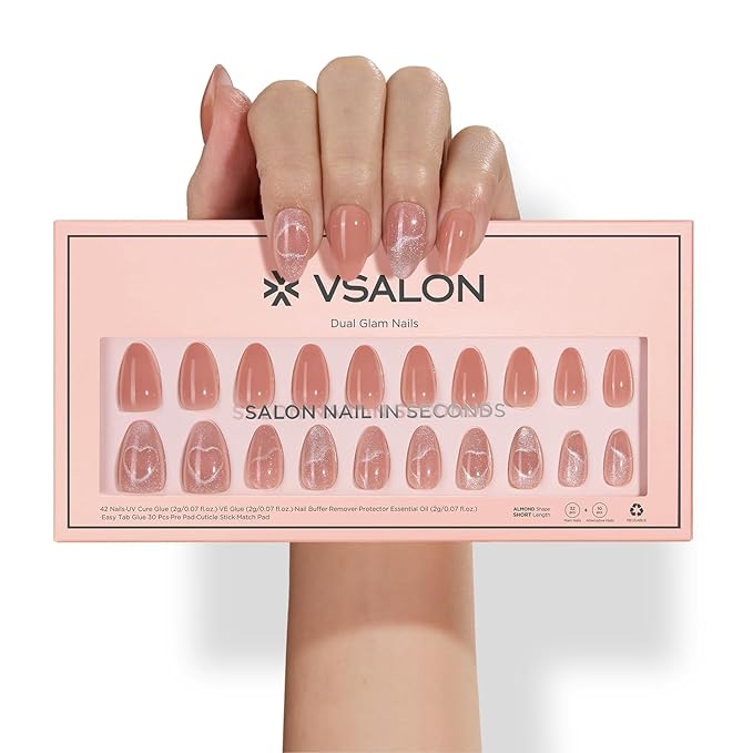 VSALON 42 Count Almond Press-On Nails, 32 PCS Pink French Tip & Cat Eye Nails, 2 Sets of 21 PCS Each, Full Well Tips, Plastic Material, False Nails, Up to 28 Days Wear, UV Glue Included