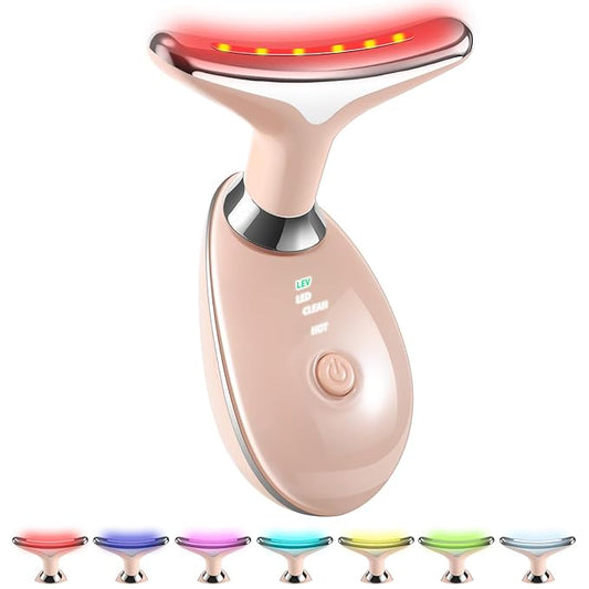 7-in-1 Face and Neck Massage Tool for Skin Care Gift, Multifunctional Electric Red Light Therapy for Face, Wrinkles, Double Chin (Pink)