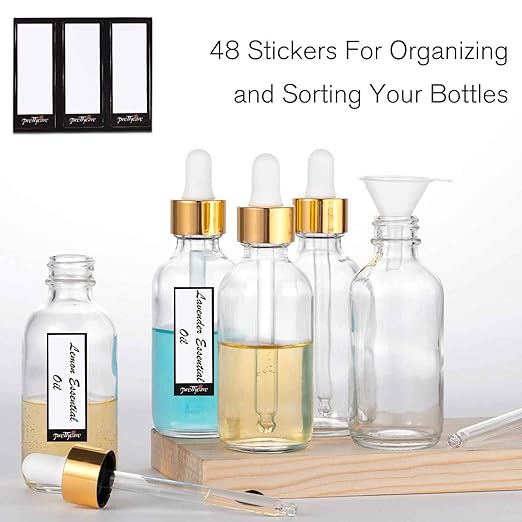 24 Pack 2 Oz Glass Eye Dropper Bottles Clear, 60 ml Empty Tincture Bottle with Droppers, 1 Extra Cap, 2 Plastic Funnels, 2 Pipettes & 48 Stickers for DIY Essential Oils, Body Oil, Beauty Oil