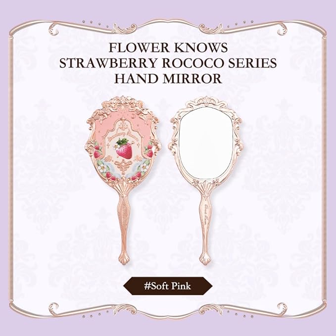 Flower Knows Strawberry Rococo Hand Mirror,Portable Vintage Handheld Mirror,Durable Metal Mirror,Cute & Aesthetic Princess Mirror,with Long Handle for Easy Holding,Gift for Girls(Soft Pink)