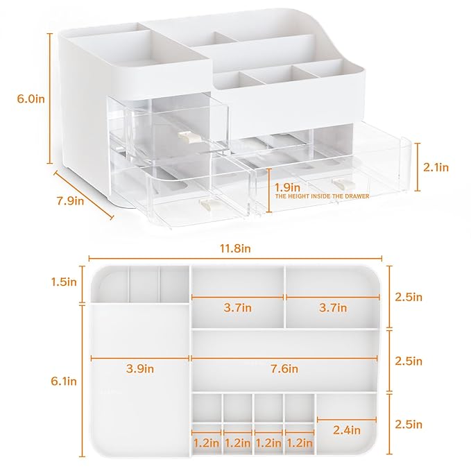 White Makeup Organizer With 3 Drawers, Large Capacity Plastic Cosmetic Storage for Dresser and Vanity, Ideal for Beauty, Perfume, Brushes, Skincare, Bathroom Organizers and Storage Counter