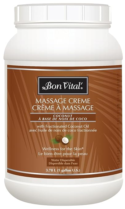 Bon Vital' Coconut Massage Creme with 100% Pure Fractionated Coconut Oil, Massage Cream & Moisturizer to Repair Dry Skin, No Greasy Feel, Professional Massage Anti-Aging Cream, 1 Gal, Label may Vary