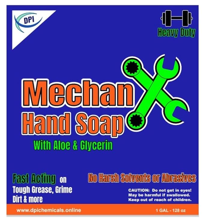 DPI MechanX Hand Soap, heavy duty, non abrasive, fast acting on grease, grime, and dirt. Gentle on hands, non drying or chapping for everyday use.. 1 Gallon with pump