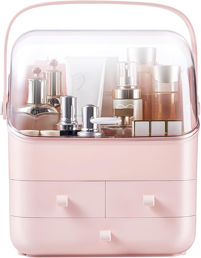 SUNFICON Preppy Skincare Organizers Pink Makeup Organizer Holder Beauty Cosmetic Storage Box Large Display Case Dust Free Cover Portable Handle 2 Rroomy Drawers Gift Great For Bathroom Countertop