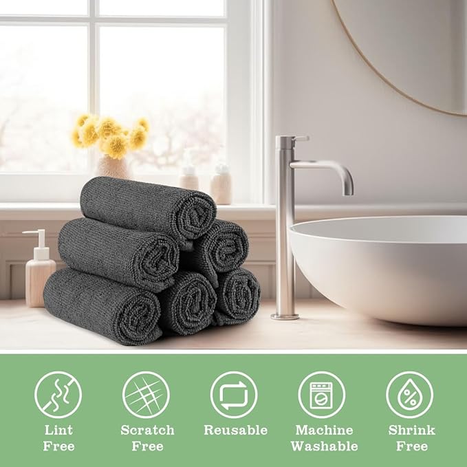 Washcloths Bulk - 100 Pack - Face Towel (12" x 12"), Highly Soft Wash Cloth and Hand Towels, Fast Drying Multi-Purpose Microfiber Cleansing Cloths for Bathroom, Hotel, Spa, and Salon - Grey