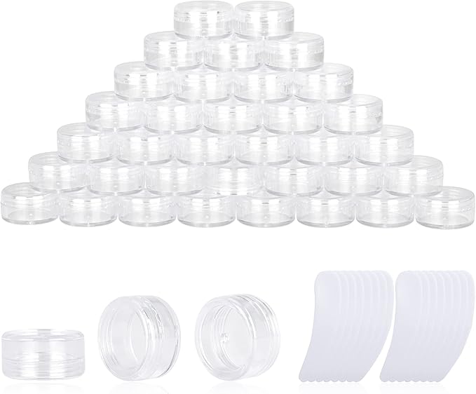 200PCS 3 Gram Sample Containers, 3ml Empty Jars with Lids, Small Cosmetic Containers, Mini Sample Jars with 16PCS Mini Spatulas for Make Up, Oils, Lotion, Powder, Paint, Jewelry, Lip Balms(Clear Lid)