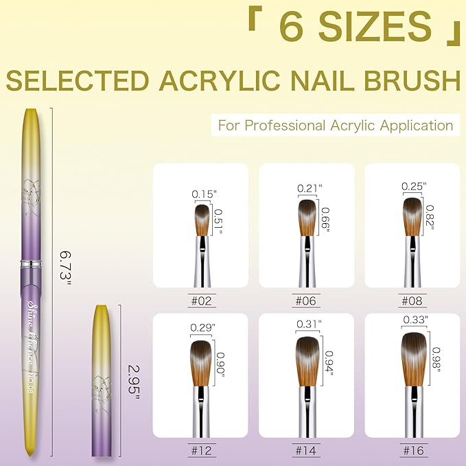6Pcs Acrylic Nail Brushes Set, Kolinsky Acrylic Nail Art Brush, Art Design & Polish Mistake Cleaning Manicure Tools for Women Acrylic Application (Size 2 6 8 12 14 16), Yellow