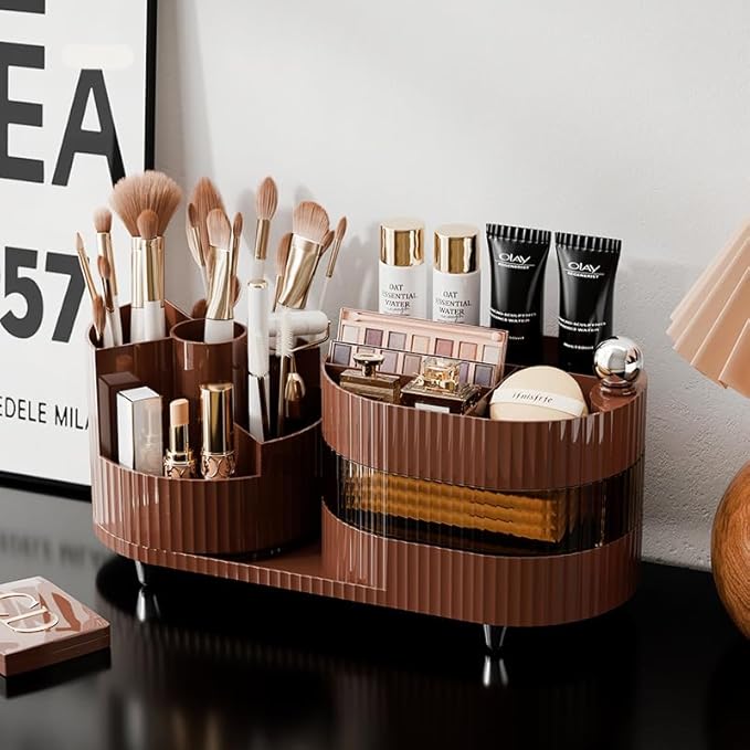 Rotating Makeup Organizer for Vanity with Brush Holder and Drawer, 3 Layer Cosmetic Makeup Storage, Large Makeup Skincare Organizer, Countertop Makeup Perfume Organizer, Lotions Display Case (Brown)