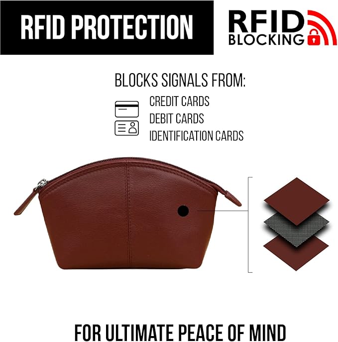 ili New York Genuine Leather Cosmetic Pouch – RFID Blocking, Leather Makeup Bag for Purse with Top Zip Closure & Interior Zip Pocket, Perfect as a Compact and Stylish Travel Cosmetic Bag