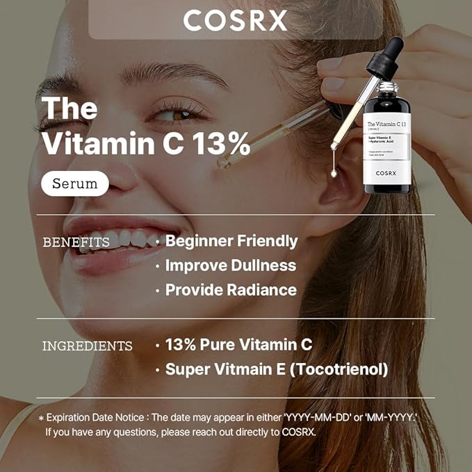 COSRX Pure Vitamin C 13% Serum with Vitamin E & Hyaluronic Acid, Hydrating Facial Serum for Fine Lines, Uneven Skin Tone & Dull Skin, 0.67fl.oz/20ml, Korean Skin Care