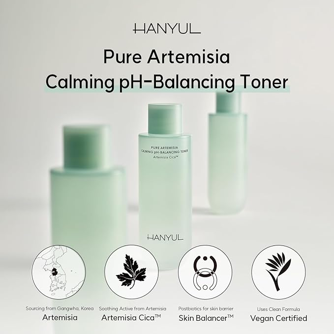 HANYUL Pure Artemisia (Mugwort) Calming pH-Balancing Toner | First Step Essence for Skin Balancing & Deep Hydration, Mild Exfoliation with CICA, Vegan Certified, Korean Skincare, 5.07 Fl Oz