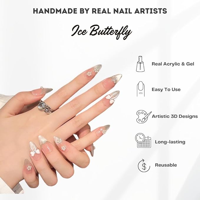 Press on Nails Handmade Nails 3D Press on Nails Short Medium Oval Almond Nails Fake Nails Glitter Cat Eye Nails Gel Nails Durable Reusable False Nails 10 Pcs (Ice Butterfly, S)