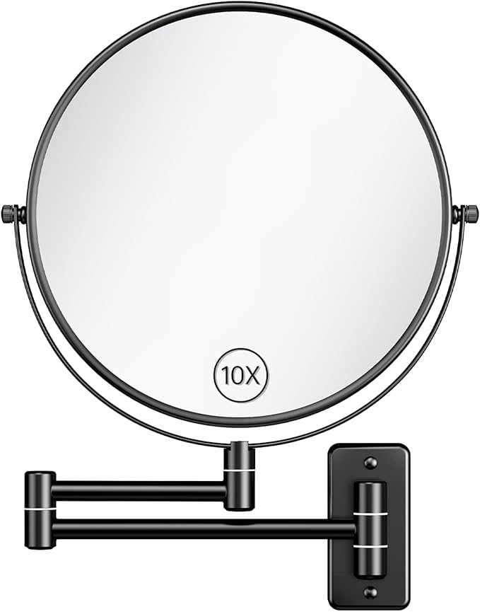 Benbilry 9" Large Size Wall Mounted Makeup Mirror, 1X/10X Magnifying Double Sided Shaving Mirror for Bathroom, 360° Swivel Extendable Arm Black