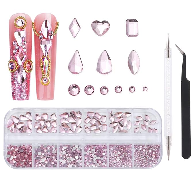 1000Pcs 12Gird Box Multi Size AB/Colorful Irregular Rhinestones Flatback Crystal Diamond Gems, with Pick Up Tweezers and Picker Dotting Pen for Nails, Makeup