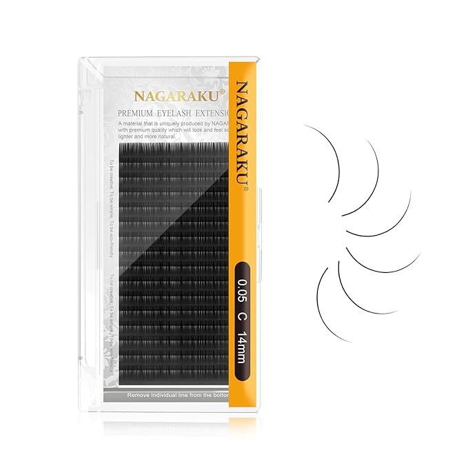 NAGARAKU Eyelash Extensions Individual Lashes 0.05mm C curl 14mm Classic Super Matte Black Soft Natural Faux Mink 16 rows Stable curl