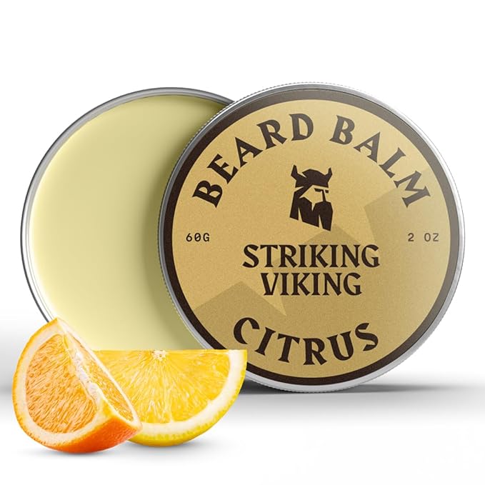 Striking Viking Beard Balm for Men – Light Hold, Citrus, 2 Oz - Leave-in Beard Conditioner with Shea Butter, Tea Tree, Argan & Jojoba Oils - Smooth, Shape, Moisturize & Soften Coarse, Dry Facial Hair