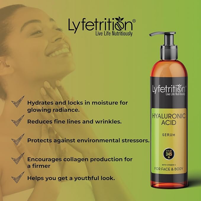Lyfetrition Hyaluronic Acid Serum for Skin, Moisturizing and Hydrating Serum for All Types of Skin, 100% Natural Face Serum with Vitamin C & Aloe Vera (12 Fl Oz), Clear Serum, (Lyfe7581)