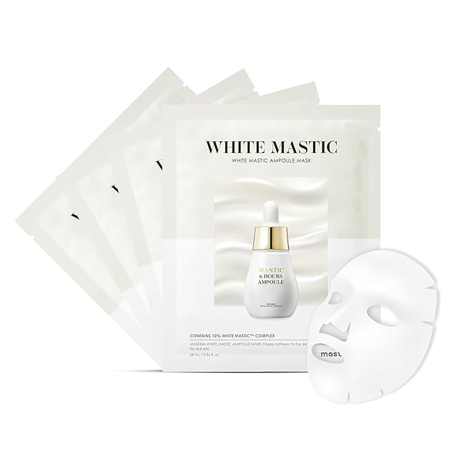 MASTINA White Mastic Ampoule Sheet Mask (4pc) Illuminating, Radiance-Boosting. Ultra-Moisturizing Facial Mask. Intensive Korean Skin Care. Fermented Mastic Gum