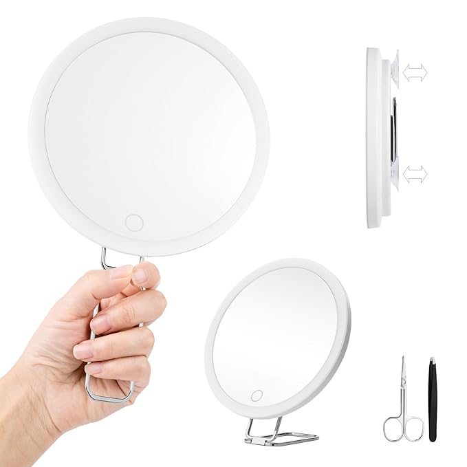 5X Magnifying Mirror with Lights, 5X Makeup Magnification 6inch Magnified Mirror Large Travel Lighted Magnification with Adjustable Table Stand & Suction Cups - Included Tweezers & Scissors Set