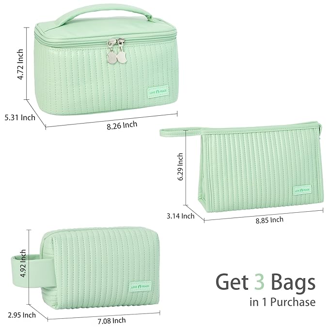 MIRASON Makeup Bag Set of 3 Cute Cosmetic Travel Toiletry Organizer Bag Pouch Set for Women PU Leather Waterproof Toiletry Bag 3 Piece Set, Green