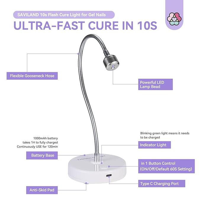 SAVILAND Gooseneck U V Lamp for Gel Nails:Touch Switch 12W U V Nail Lamp 5S Quick Drying LED Fast Curing Lamp Rechargeable Gel Lamp 3Timers Setting 360° Adjustable Home Salon Manicure Nail Dryer