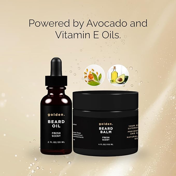 Golden Grooming Beard Oil & Balm Bundle for Men | Natural Growth Kit with Shea Butter | 4oz Balm & 2oz Oil | Fresh Scent