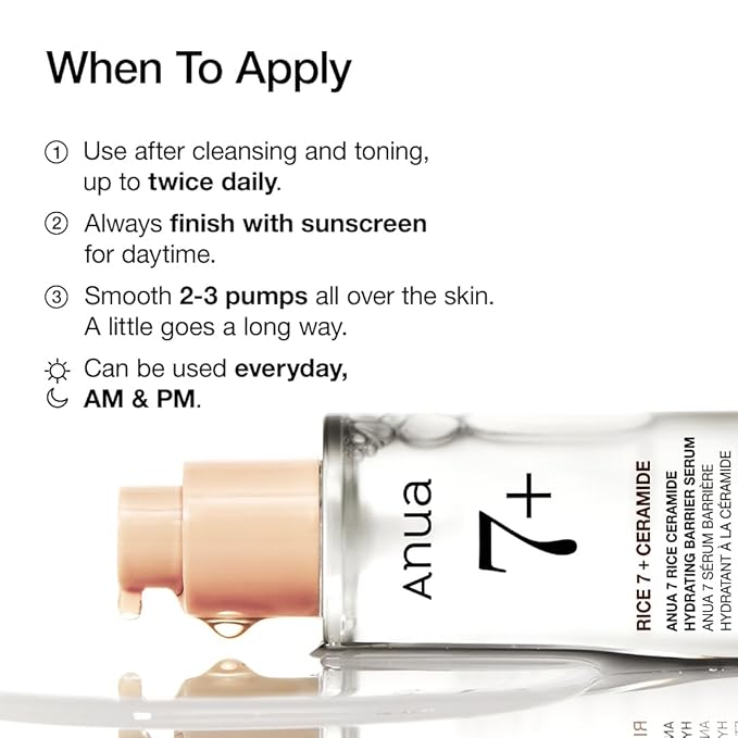 ANUA RICE CERAMIDE 7 HYDRATING BARRIER SERUM, Brightening, Hydrating Serum for Face, Rice, Hyaluronic Acid, Niacinamide, Fragrance-free, Non comodogenic, Glass Skin, Korean Skin Care, 50ml/1.69fl.oz.