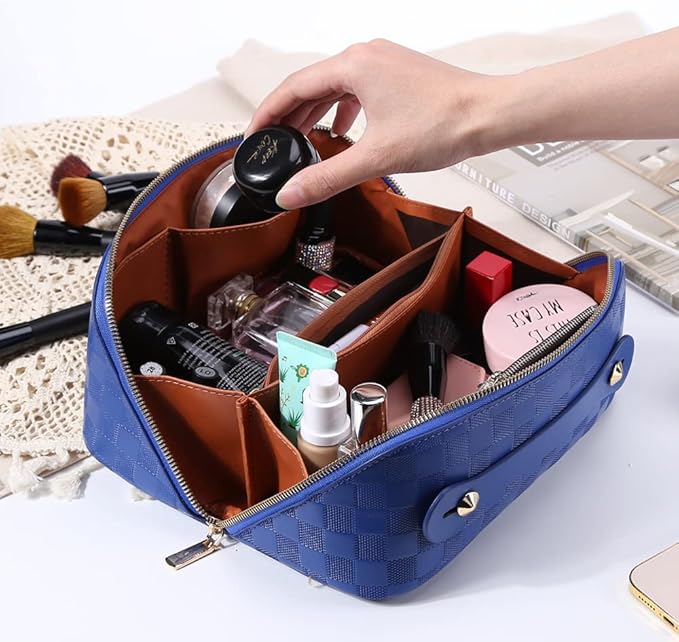Cessfle Large Capacity Travel Cosmetic Bag Plaid Checkered Makeup Bag Portable Leather Waterproof Skincare Bag with Handle and Divider for Women 01-Blue