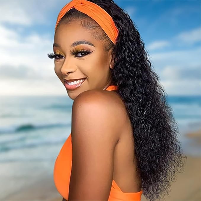 JCL Curly Headband Wig Human Hair Headband Wig 180% Density 12A Glueless Wigs Human Hair 10 Inch Curly Wave headband Wig Natural Color Human Hair Wigs for Black Women