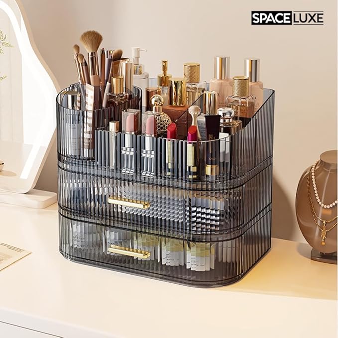 Makeup Organizer with Drawers and 360° Rotating Brush Holder, Large Capacity Cosmetic Storage for Vanity, Skincare, Perfume, Hair Accessories, Lipstick & Jewelry (Transparent Gray, 3-layer)