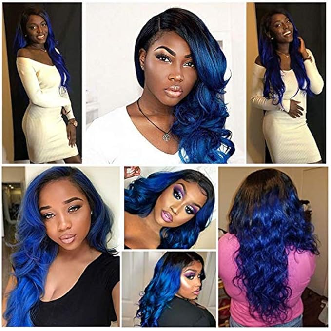 Blue Bundles with 4x4Closure Human Hair Brazilan Body Virgin Blue Human Hair Ombre 3 Bundles Unprocessed Remy Hair Bundles for Women (141618+12 CL 1b/Blue)