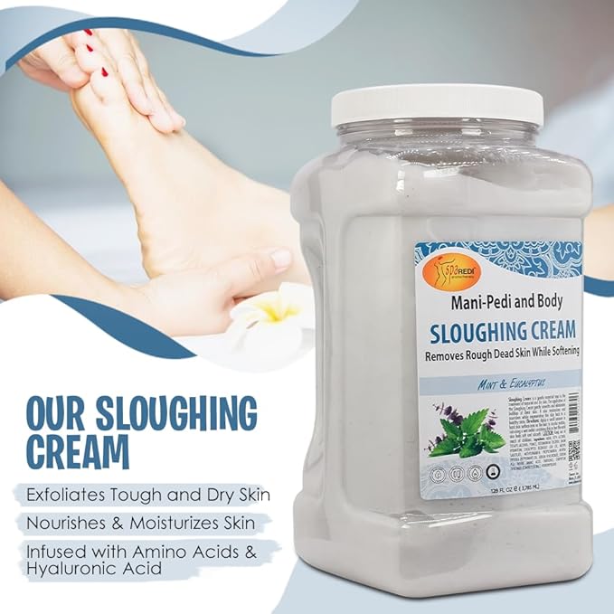SPA REDI - Foot Cream, Sloughing Lotion, Mint and Eucalyptus 128 Oz - Pedicure Massage Foot Care for Dry Cracked Feet, Scrub Gently, Exfoliating, Smooths and Eliminates Buildup of Dead Skin