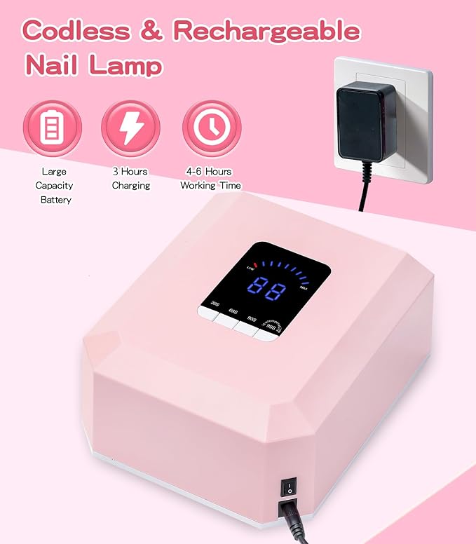 UV Nail Lamp Nail Dryer: Cordless Rechargeable UV Light for Gel Nails, 60W Professional Pink Nail Dryer with 4 Timer Setting & Auto Sensor, Wireless Fast Nail Light Curing Lamp for Salon & Home