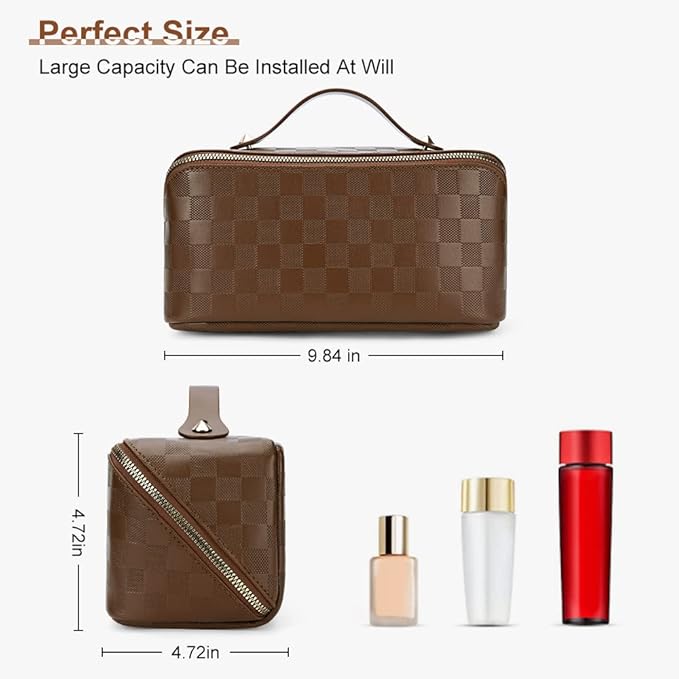 Cessfle Large Capacity Travel Cosmetic Bag Plaid Checkered Makeup Bag Portable Leather Waterproof Skincare Bag with Handle and Divider for Women, 01-Brown