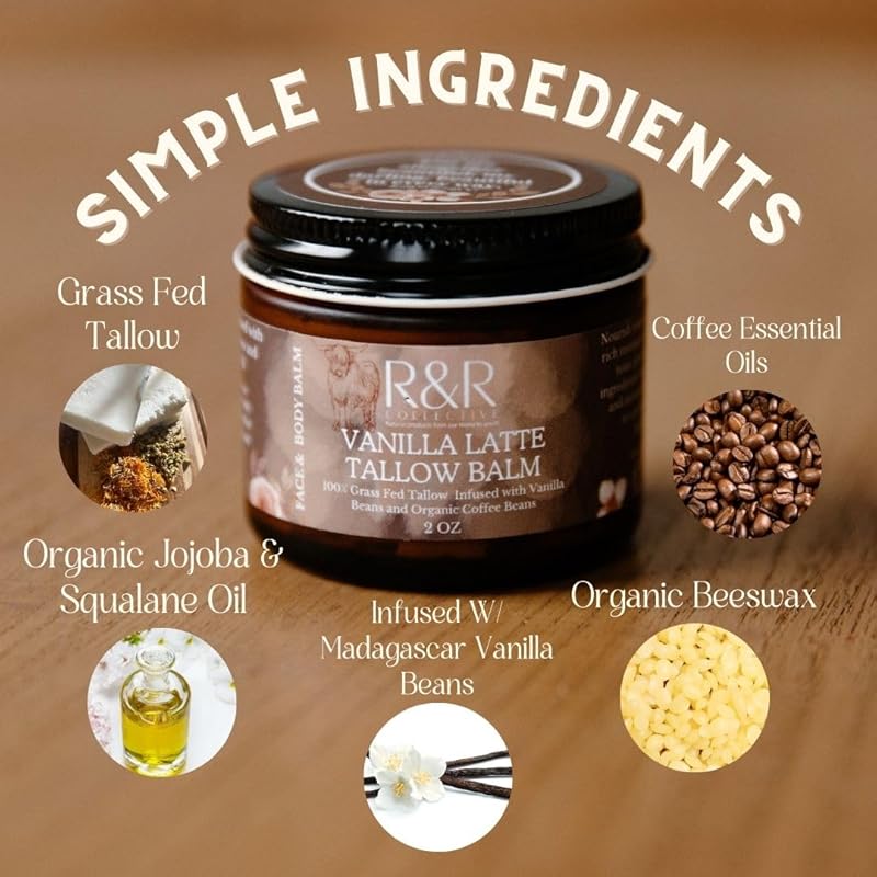 Vanilla Latte Tallow Face Moisturizer – 100% Grass-Fed Whipped Beef Tallow Balm with Coffee & Vanilla – For Dry, Sensitive Skin, Eczema & Psoriasis – Handmade Natural Skincare – 2 oz
