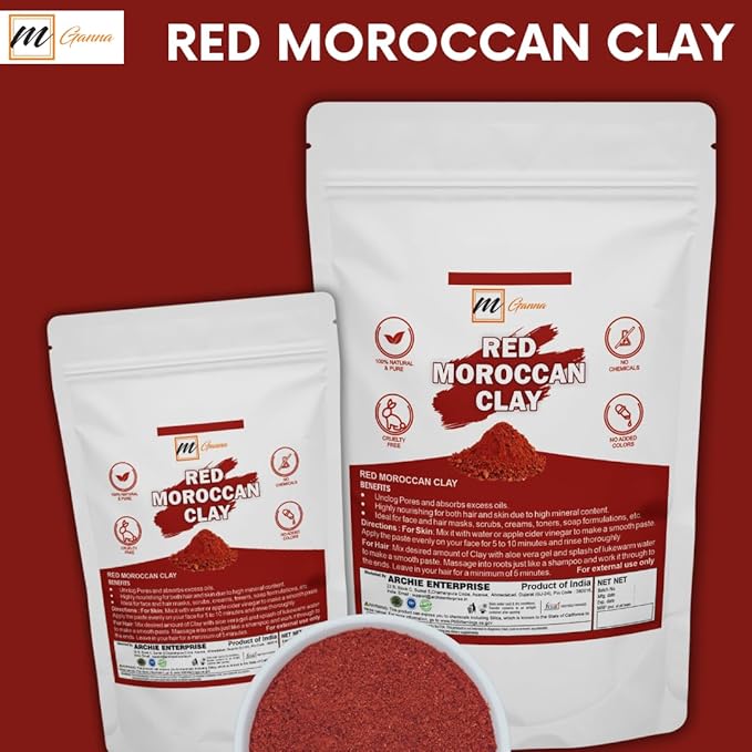 100% Natural Moroccan Red Clay Powder for Hair Masks, Scrubs, Creams and Soap Making 1 LBS / 454 GMS