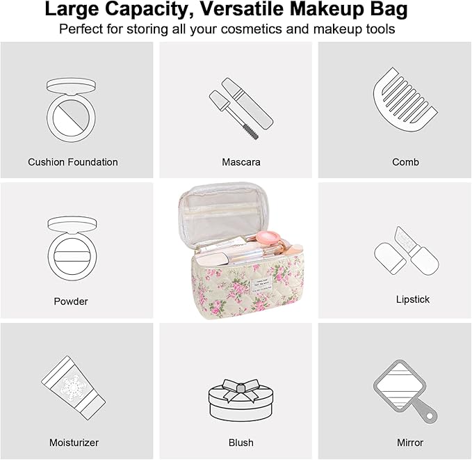 3Pcs Cotton Quilted Makeup Bag for Women Girls, Large Floral Cosmetic Bag Set Cute Makeup Brushes Aesthetic Accessories Storage Bag Pink Flower Travel Toiletry Bag Organizer