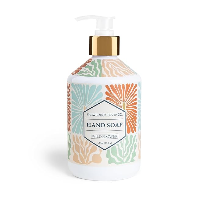 FlowerBox Liquid Hand Soap Set –Beautiful Pack of 4 Scented Pump Soaps –Bathroom & Kitchen Luxury Decorative 500ml Italian Mosaic Bottles–Meyers Refillable Dispensers–Works for Bath and Body Wash Gift