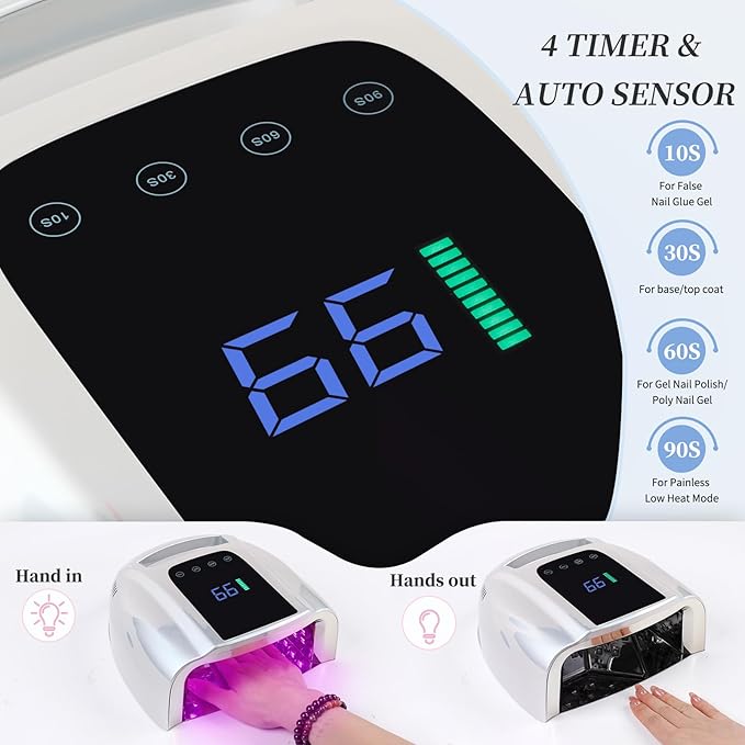 96W Rechargeable UV LED Nail Lamp, Portable Cordless UV Light for Nails with LCD Display Auto Sensor, 4 Timer Setting and Smart Sensor Nail Dryer,Nail Cure Light with Removable Bottom(Sliver)