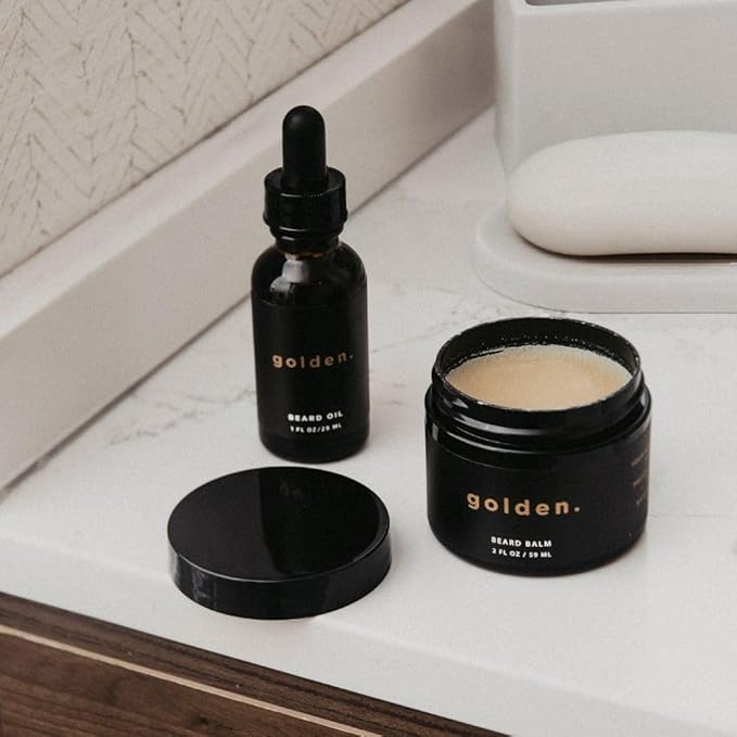Golden Grooming Beard Oil & Balm Bundle for Men | Natural Growth Kit with Shea Butter | 2-Sets of 2oz Balm & 1oz Oil | Fresh Scent
