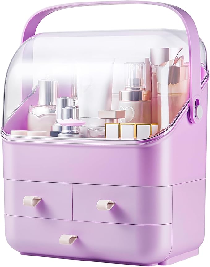 SUNFICON Preppy Skincare Organizers Makeup Organizer Holder Beauty Cosmetic Storage Box Large Display Case Dust Free Cover Portable Handle 2 Rroomy Drawers Gift Great For Bathroom Countertop Purple