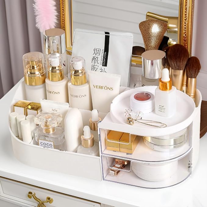 skin care organizer,Makeup Desk Organizer With Drawers,Countertop Organizer for Cosmetics,Vanity brush with Holder for Lipstick, Brushes, Eyeshadow, and Desktop Finishing Dresser (D-White)