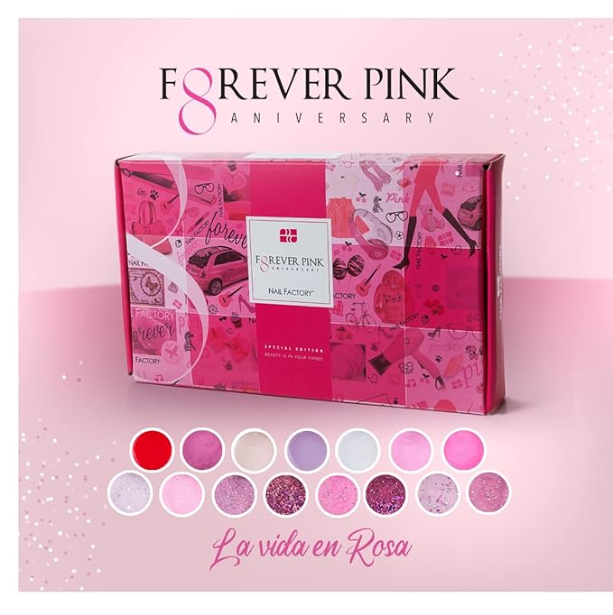 Nail Factory - Acrylic Powder Set Forever Pink Collection, 15 Pink Colors Mixed Shapes Set Glitter Nail Sequins Powder Holographic, Professional Nail Art Cosmetic, 3.5 Gr. Each One.