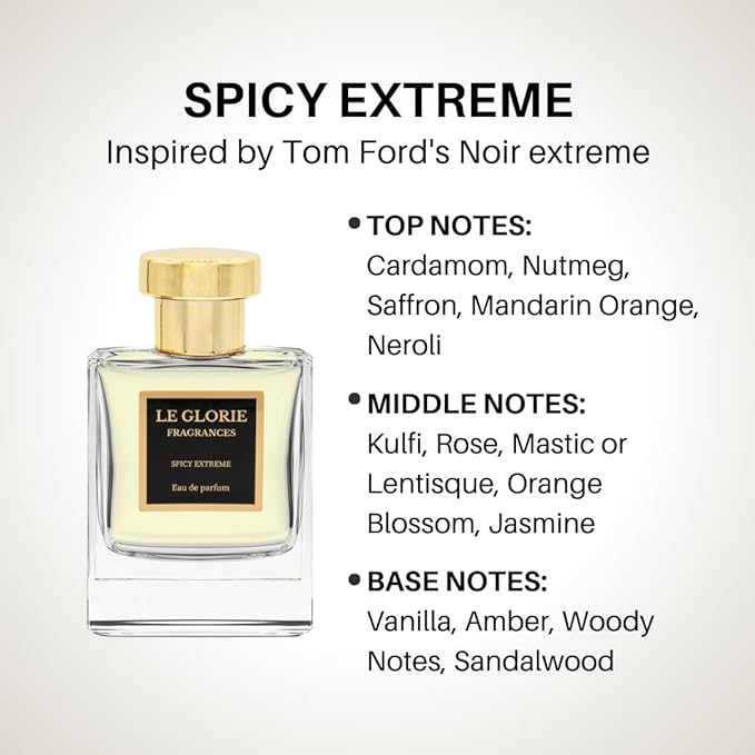 Inspired by T ford's Noir extreme, Spicy Extreme EDP, Long Lasting 12-14 Hours Perfume Spray for Women, Men, Unisex, All Skin Types, Cruelty Free - 0.33 oz 10 ml
